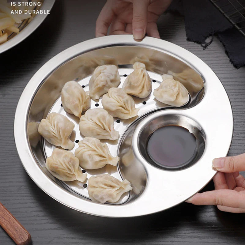 Axyaa Stainless Steel Dumpling Plate with Dipping Saucer and Snack Dish