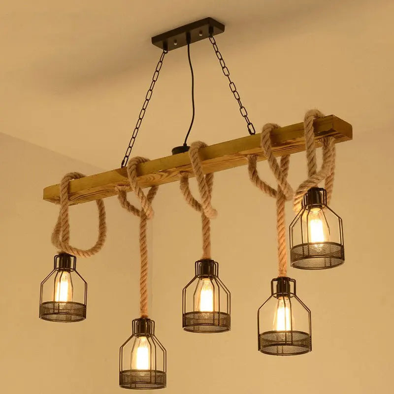 Axyaa Vintage Hemp Rope Wood Ceiling Chandelier Dining Room Pendant Lamp