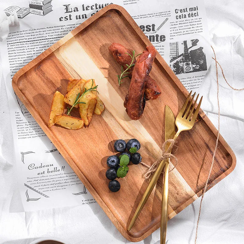 Axya Acacia Wood Breakfast Tray - Elegant Rectangular Wooden Plate for Coffee, Bread, Fruit & Cutlery