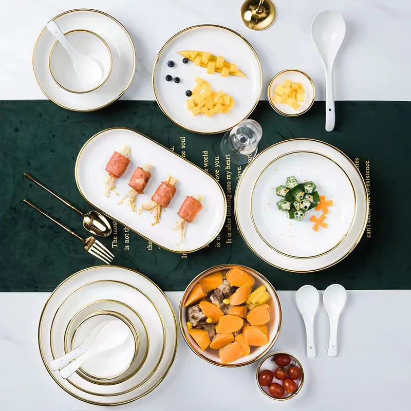 Axya Gold Rim White Porcelain Dinner Plate Bowl Set