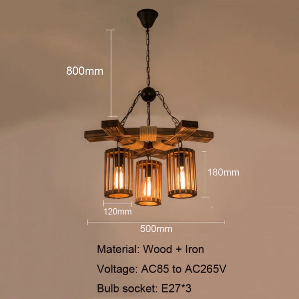 Axyaa Retro Hemp Rope Chandelier Wood Pendant Lamp for Restaurant and Bar