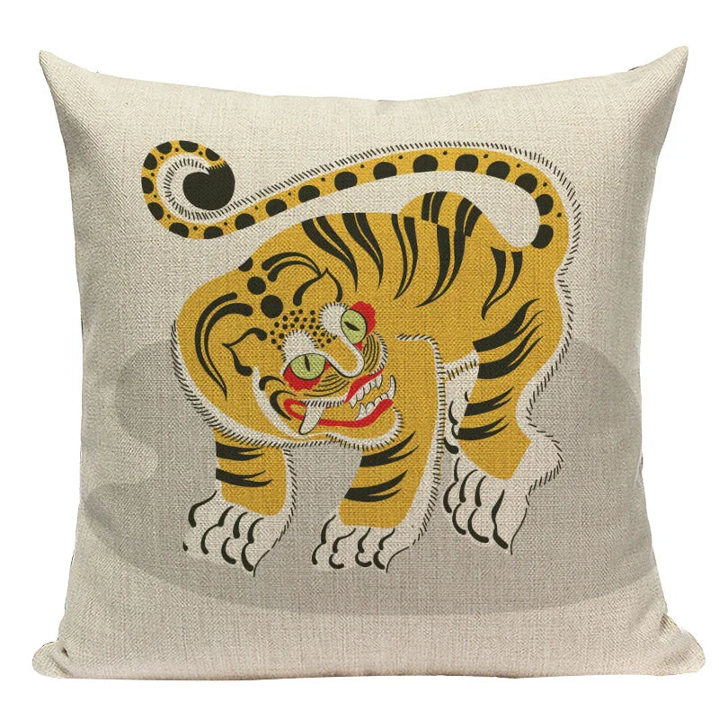 Axyaa Cartoon Tiger Lion Dance Pillow Case Cover for Bed Sofa Decoration