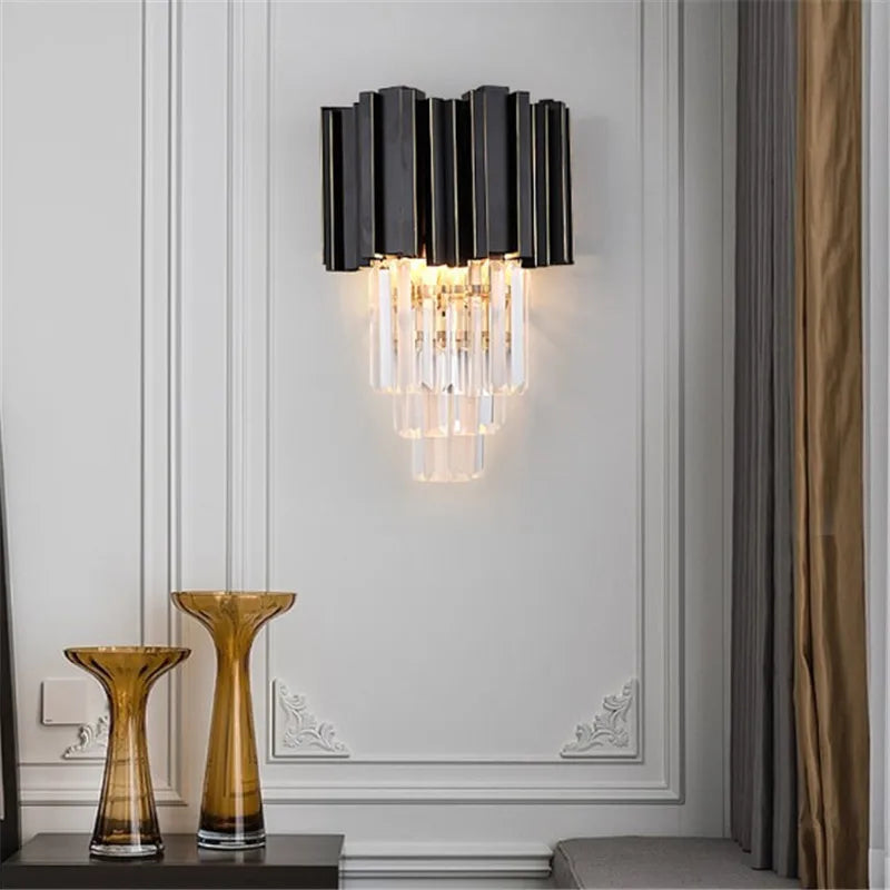 Axyaa Crystal Wall Light: Gold Black Finish Sconce with Modern K9 Crystal Drops