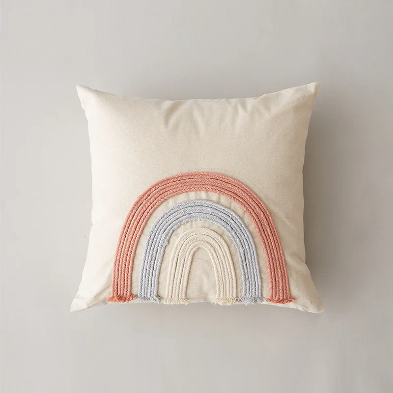 Rainbow Stripe Cushion Cover with Pink Rope Embroidery, 45x45cm, Axyaa