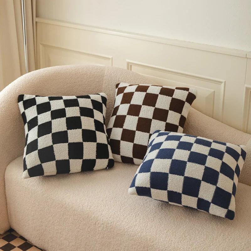 Axyaa Checkered Flocking Cushion Cover for Home Decoration