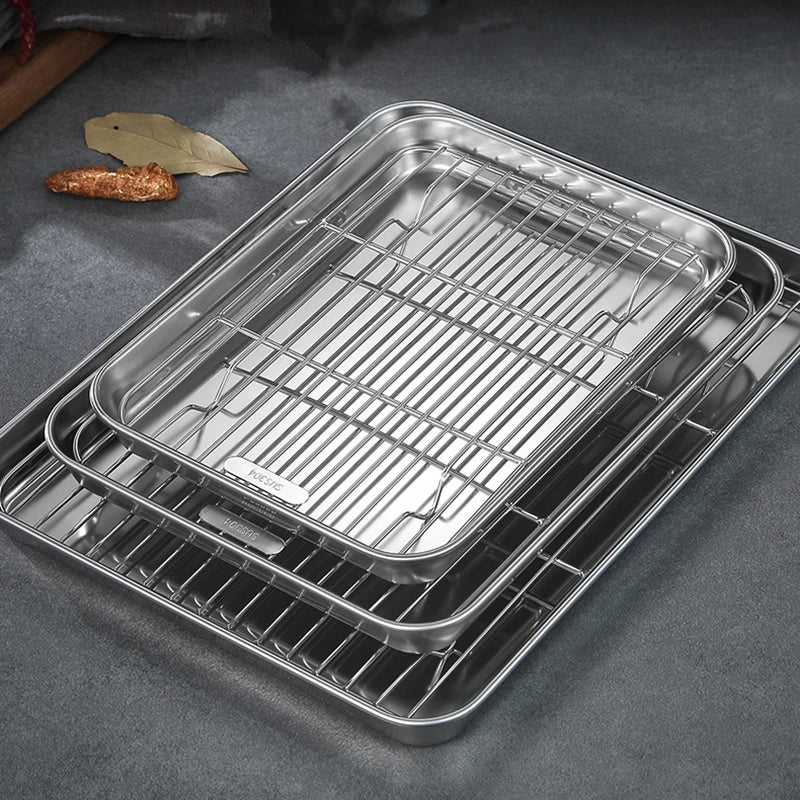 Axyaa Stainless Steel Food Storage Tray and Grid - Bakeware Set for Baking, Cooling, and Serving