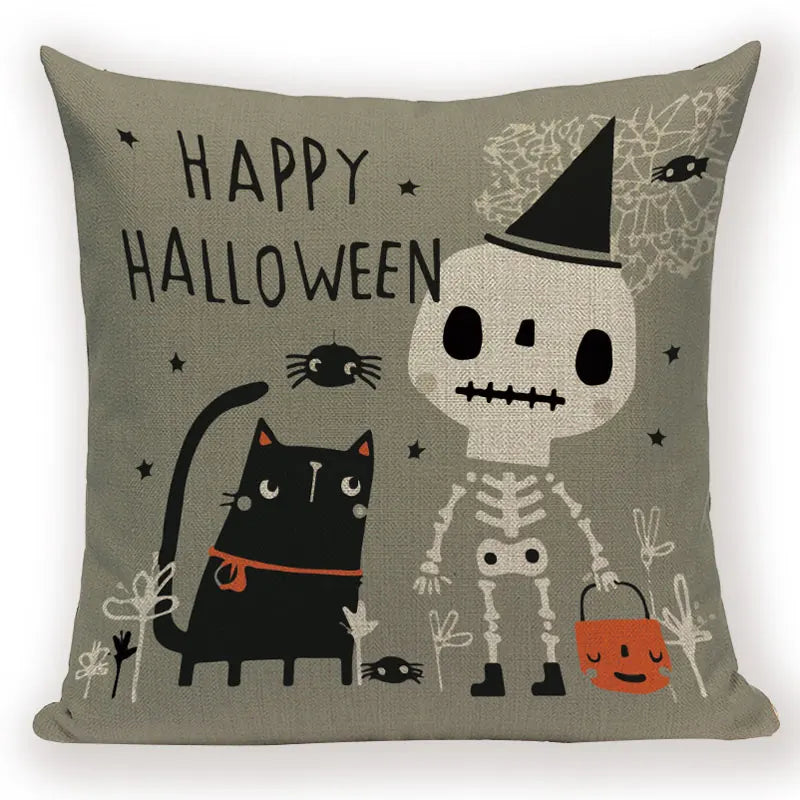 Happy Halloween Pumpkin Print Linen Throw Pillow Cover by Axyaa