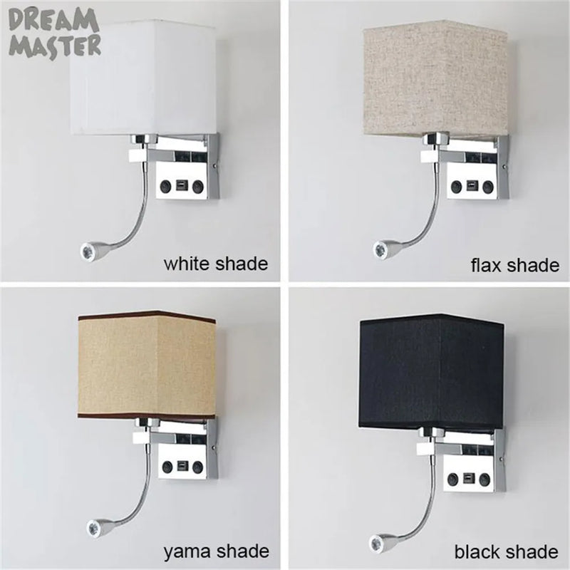 Axyaa Modern Wall Sconce with USB Port, 2 Switches & Fabric Shade LED Reading Lamp
