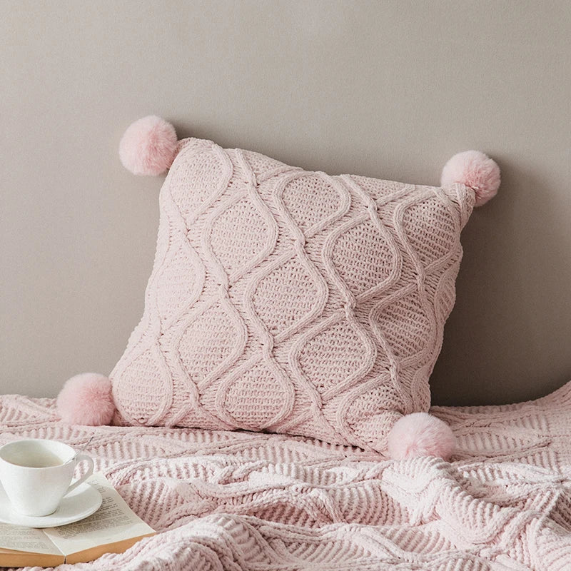 Axyaa Chenille Knit Cushion Cover 45x45cm With PomPom Ball - Pink/Grey/Cream - Home Decor Pillow Case