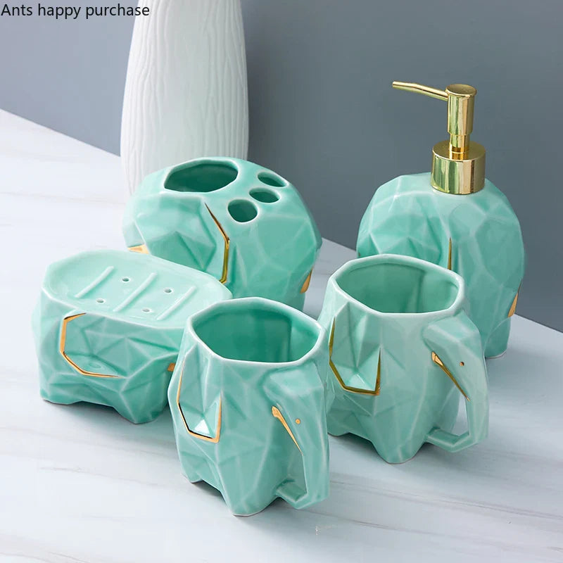 Axya Elephant Bathroom Set: Cup, Toothbrush Holder, Lotion Bottle, Soap Dish