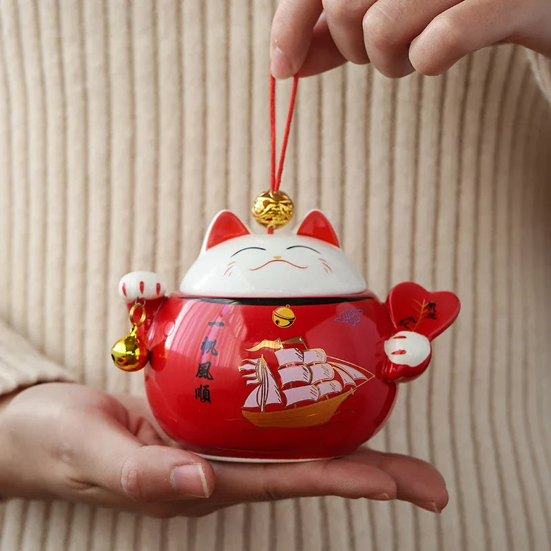 Axya™ Ceramic Lucky Cat Ornaments Tea Spice Jar Rustic Kawaii Room Decor