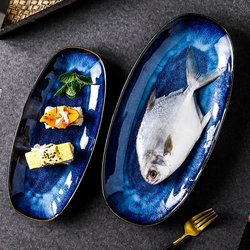 Axya Blue Kiln Glazed Long Fish Plate Sushi Dish Creative Household Large Size