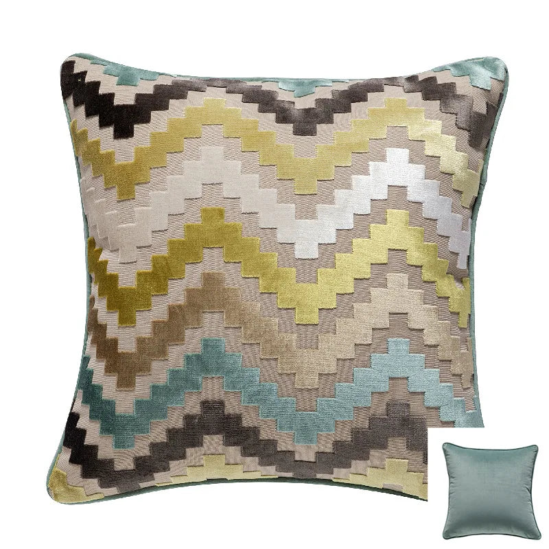Axyaa Velvet Cushion Cover Zigzag Pattern Soft Pillow Cover in Grey Coffee Blue - 45x45cm/30x50cm/50x50cm
