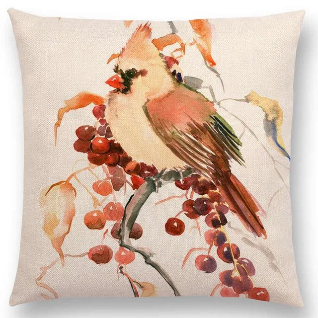 Axyaa Bird Watercolor Cotton Linen Cushion Cover- Hummingbird Goldfinch Chickadee Cardinal Kingfisher
