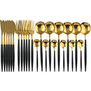 Axyaa 24-Piece Stainless Steel Cutlery Set for 6 - Black Gold Silverware