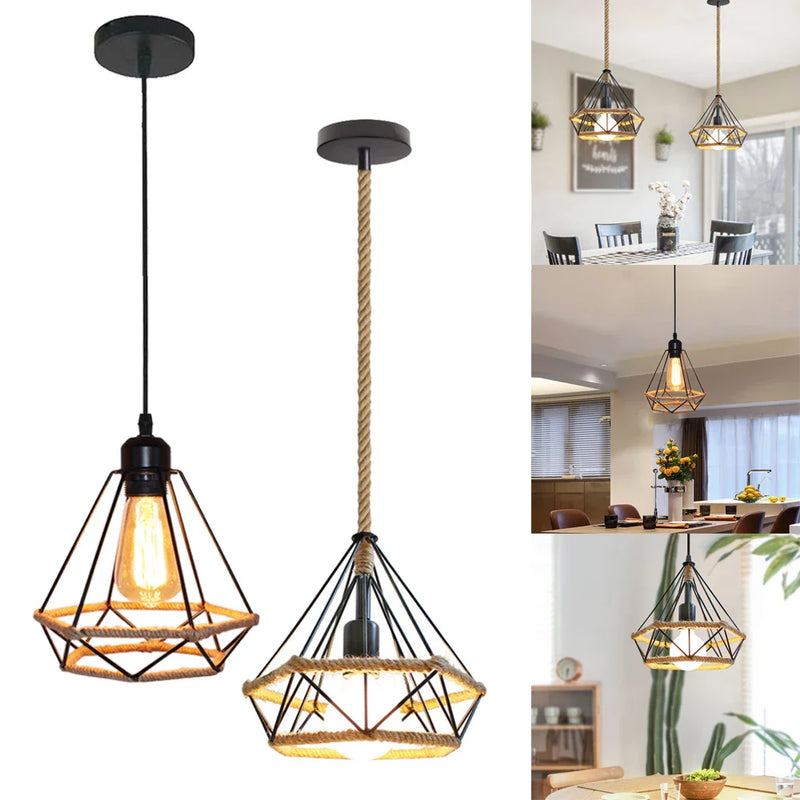 Axyaa Black Iron Industrial Pendant Light, Diamond Shape Cage Design