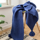 Axyaa Royal Blue Knit Throw Blanket with PomPom Tassels - 50"x62"