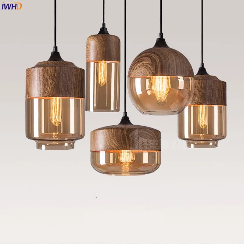 Axyaa Nordic LED Pendant Light Wood Glass Hanging Lamp for Bedroom Dinning Living Room