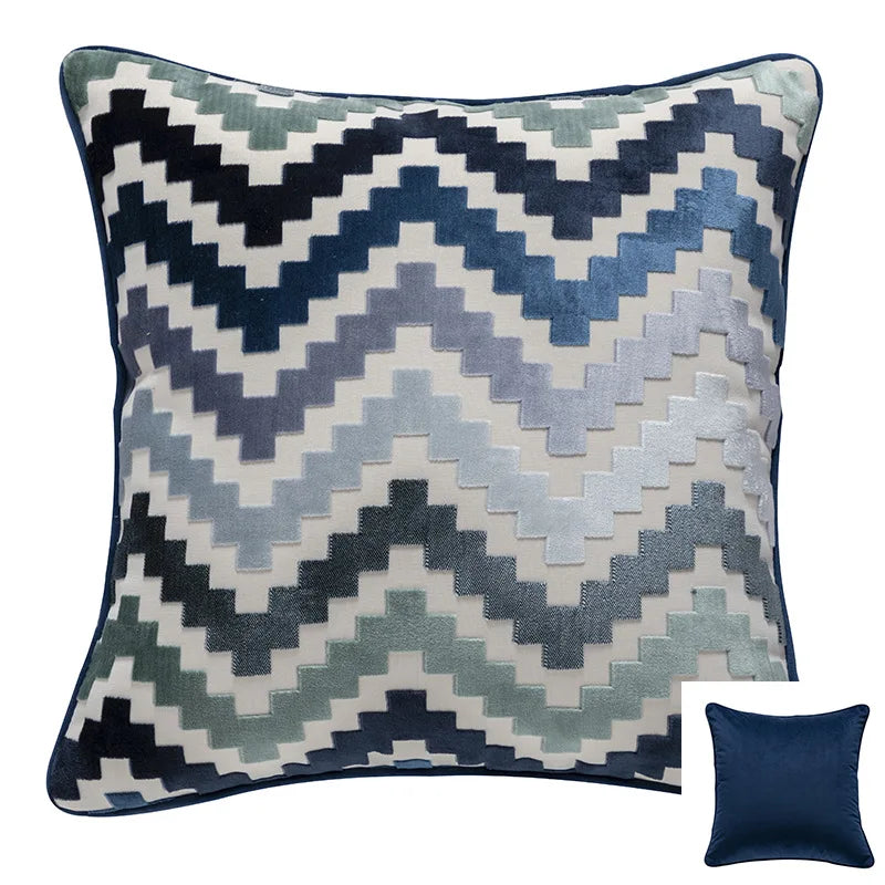 Axyaa Velvet Cushion Cover Zigzag Pattern Soft Pillow Cover in Grey Coffee Blue - 45x45cm/30x50cm/50x50cm
