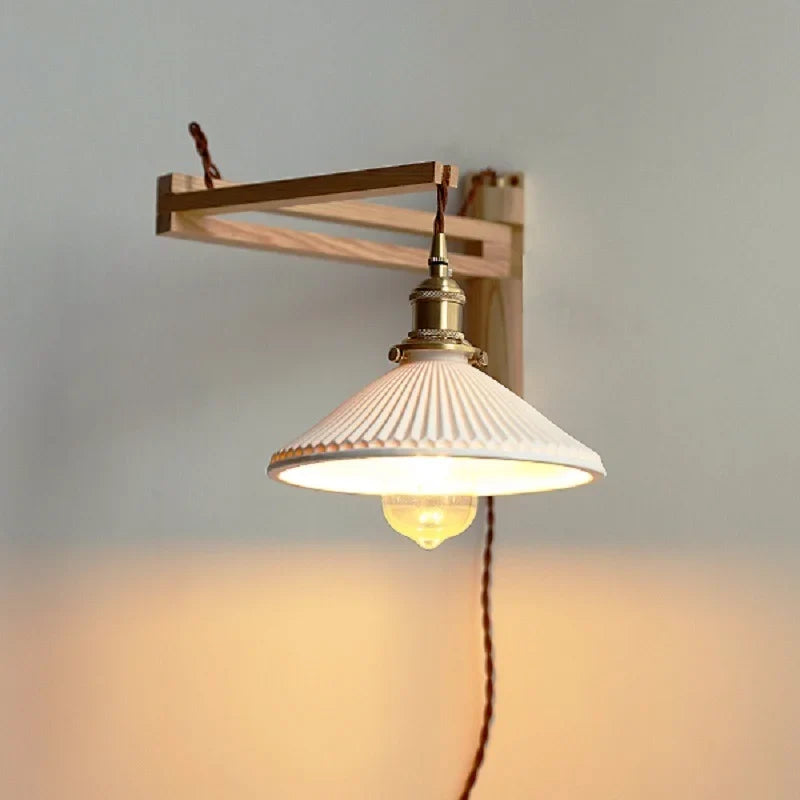 Axyaa Minimalist Walnut Wall Lamps with Retractable Arm & Pleat Lampshade