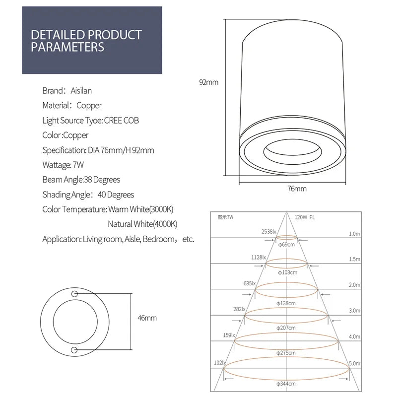 Axyaa Copper LED Downlight: CRI 97 Honeycomb Anti-glare Design for Indoor Ceiling Lighting.