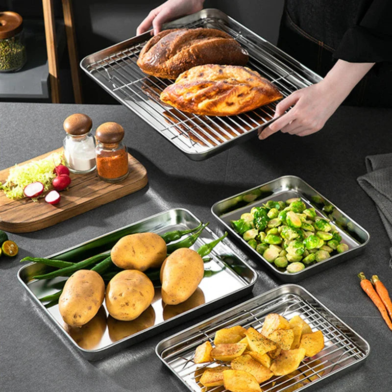 Axyaa Stainless Steel Food Storage Tray and Grid - Bakeware Set for Baking, Cooling, and Serving