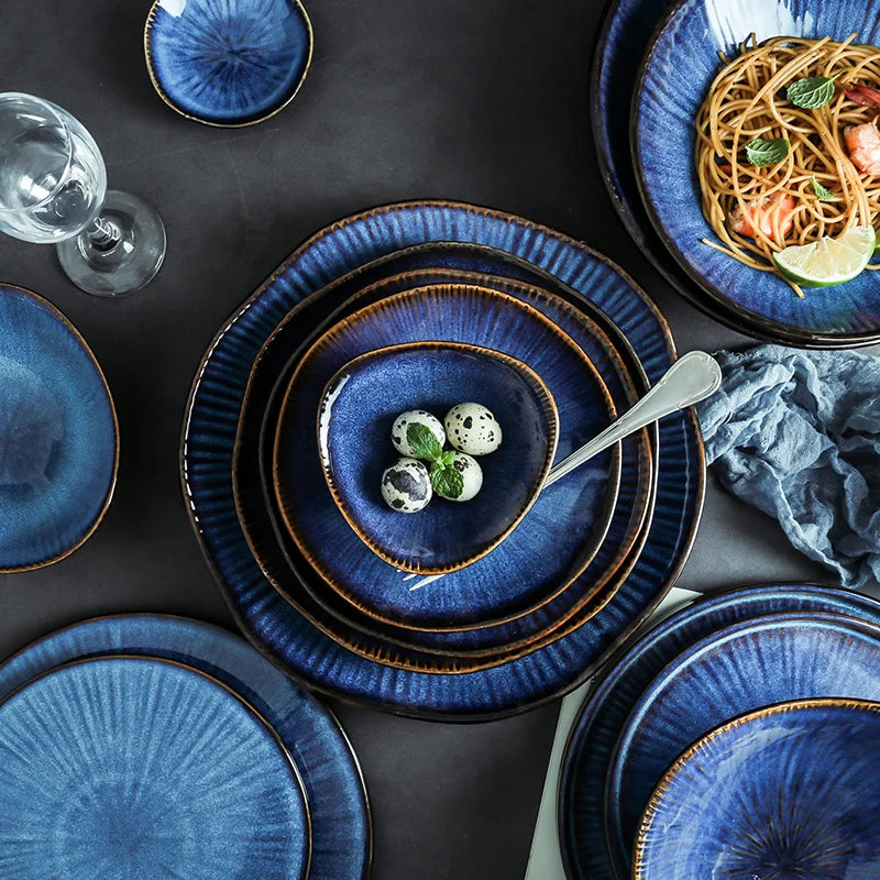 Axya Blue Ceramic Tableware Set: Flat Plate, Steak Dish, Breakfast Plate, Big Bowl
