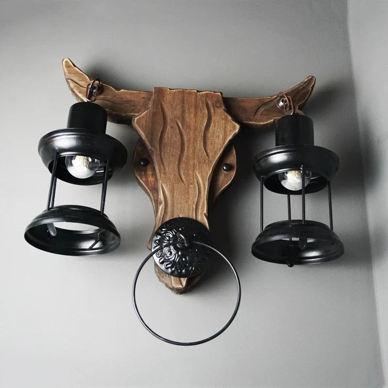 Axyaa Retro Iron Wood Wall Lamp Glass Light for Cafe Restaurant Bar