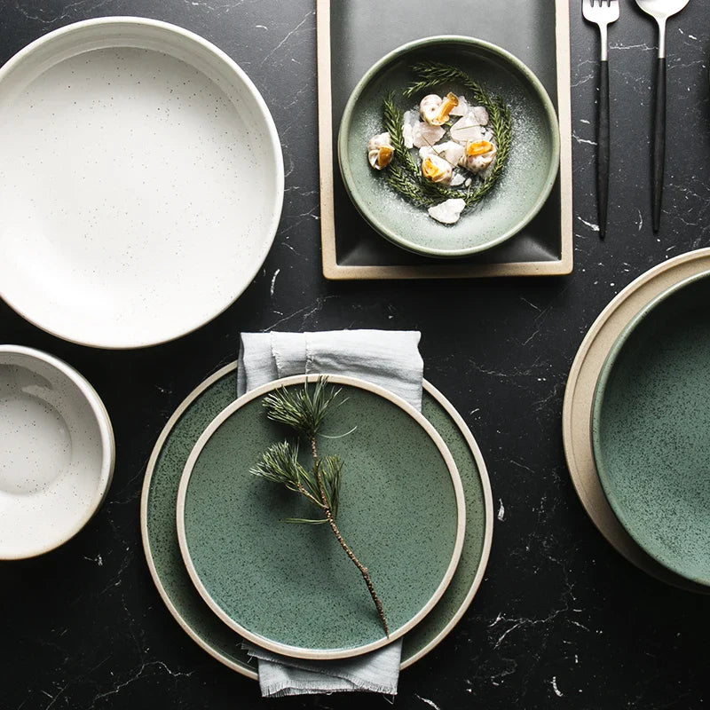 Axya Mint Ceramic Dinner Plate, Western Steak & Salad Bowl Set