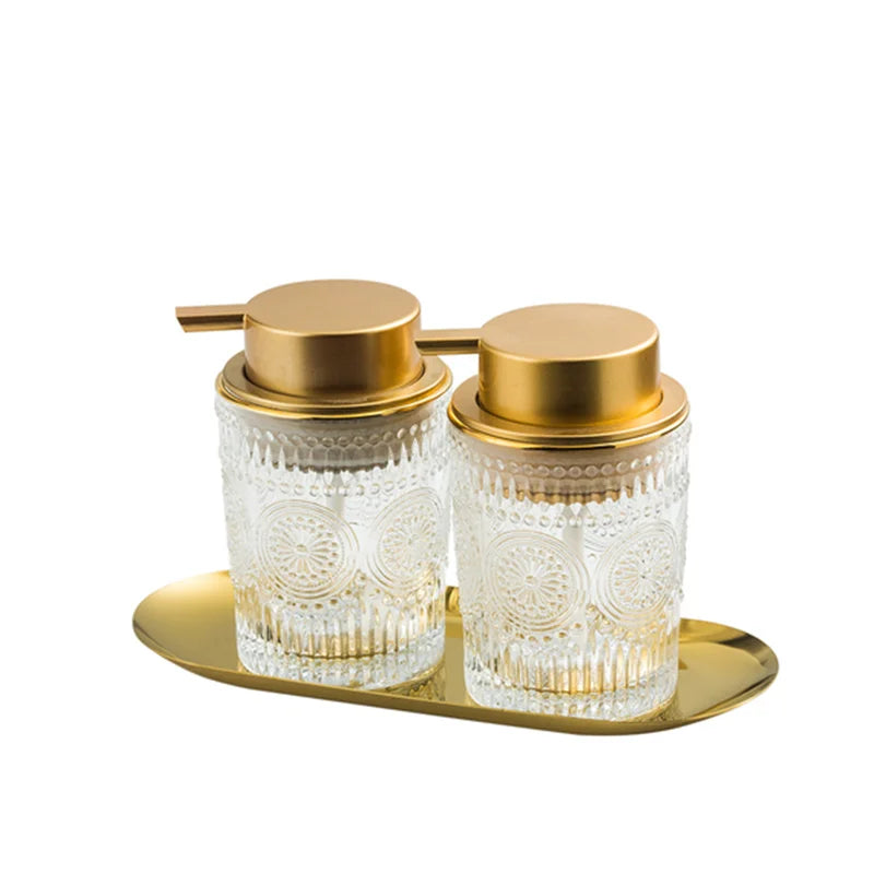 Axya Clear Glass Lotion Soap Dispenser Bottle with Metal Storage Tray