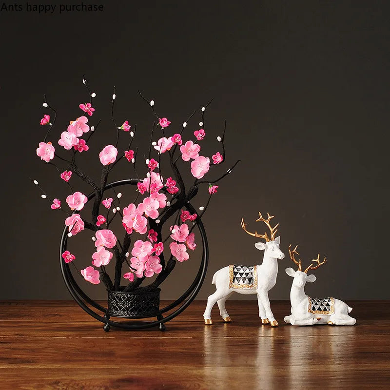 Axya Plum Ceramic Vase with Fake Flowers and Bird Decor, Wrought Iron Ornaments