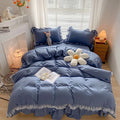 Axyaa Pink Lace Ruffle Bedding Set - Kids Duvet Cover, Bed Skirt, Sheet & Pillowcase