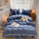 Axyaa Pink Lace Ruffle Bedding Set - Kids Duvet Cover, Bed Skirt, Sheet & Pillowcase