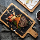 Axyaa Marbling Black Bronzing Wooden Tray, Rectangular Handle Steak Plate karadığında Western Plate.