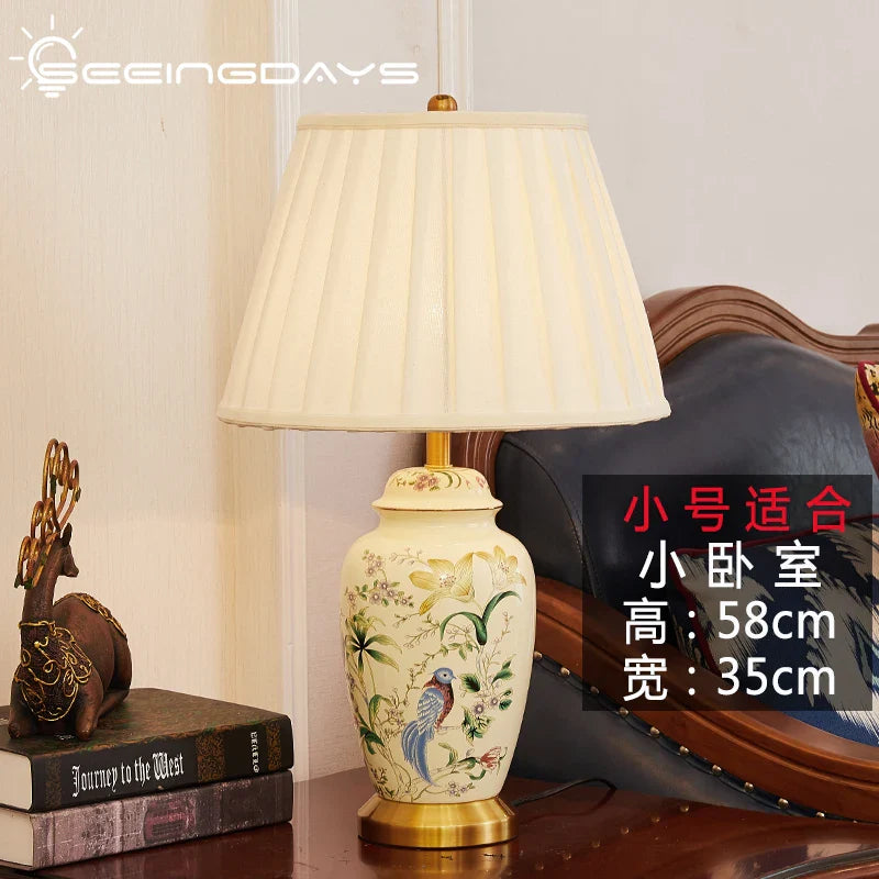 Axyaa Country Flower Bird Ceramic Table Lamp Retro Modern Bedroom Living Room