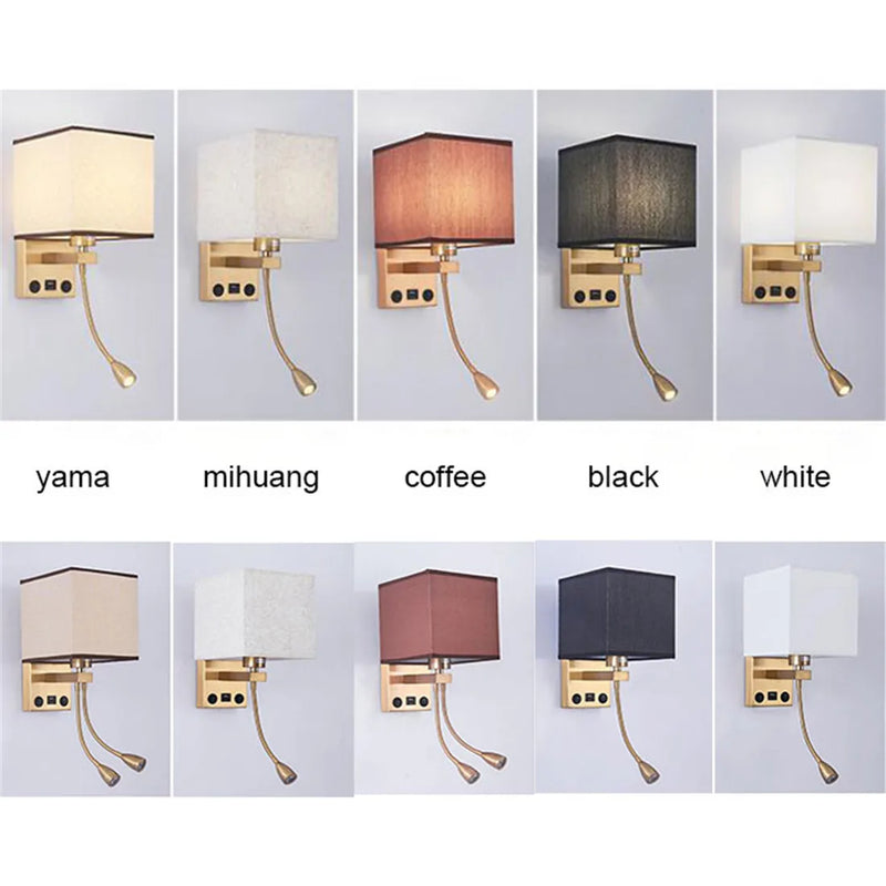 Axyaa Black White Coffee Flax Fabric Wall Sconce with USB Port and Switch