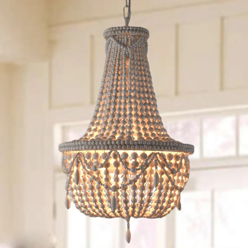 Axyaa Retro Grey Wood Beaded Chandelier 5-Light - Vintage White Wood - Kitchen, Living Room, Bedroom