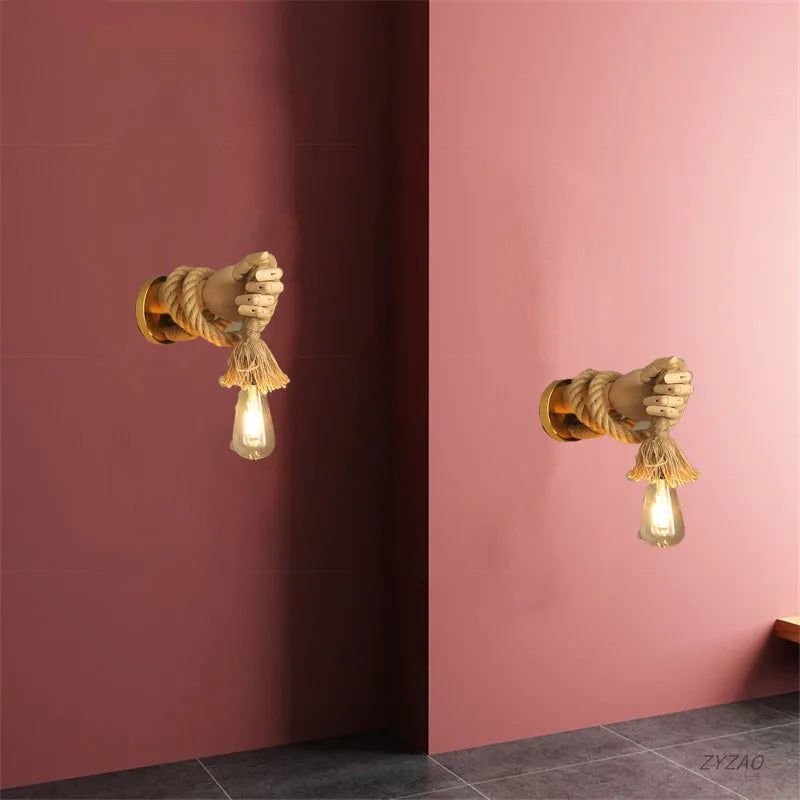 Axyaa Retro Hand Shape Wall Light Industrial Style Hemp Rope Wall Lamp