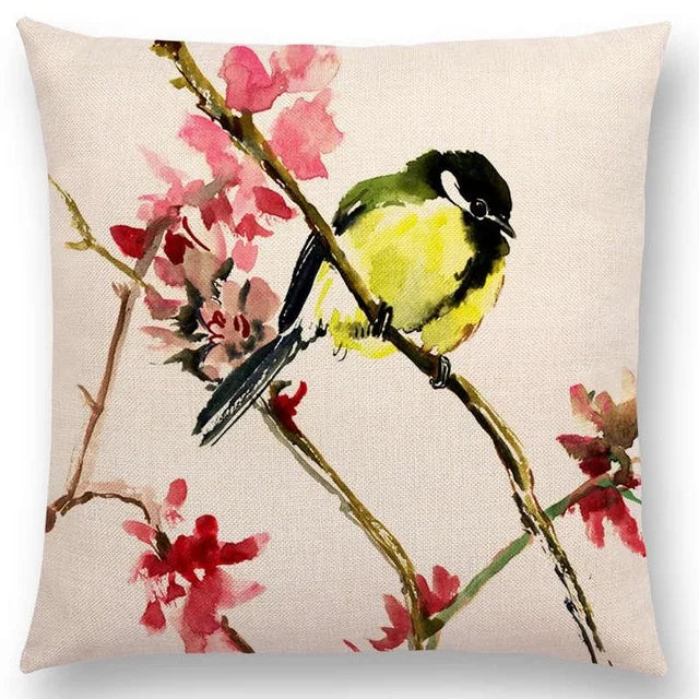 Axyaa Bird Watercolor Cotton Linen Cushion Cover- Hummingbird Goldfinch Chickadee Cardinal Kingfisher
