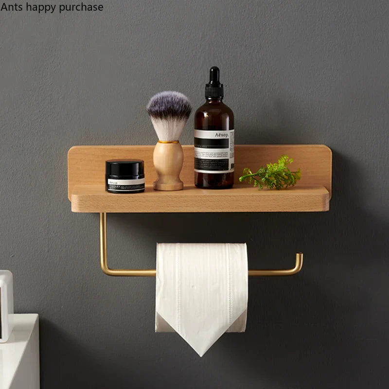 Axya Brass Wood Toilet Roll Holder Shelf Wall Mount Tissue Rack for Bathroom