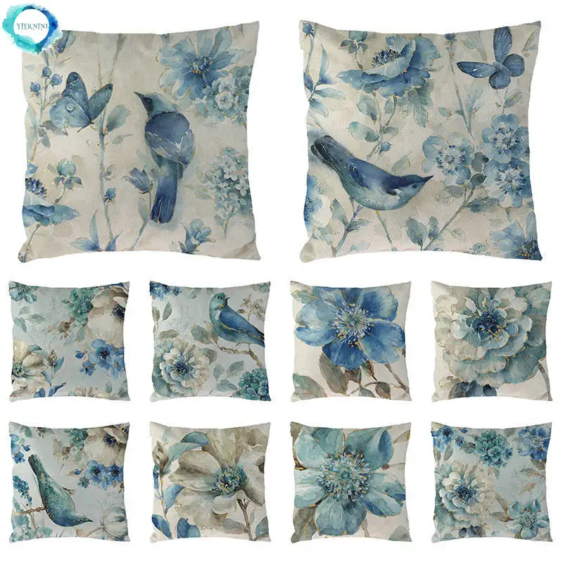 Blue Flowers & Birds Pattern Cushion Cover, Axyaa Home Decor Pillow Case