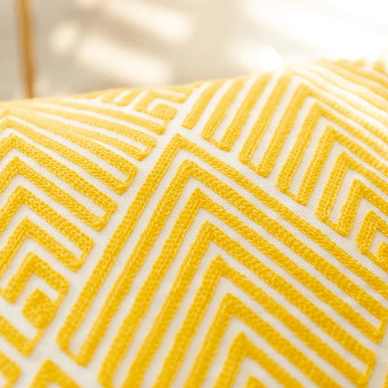 Yellow Geometric Embroidered Cotton Cushion Cover by Axyaa