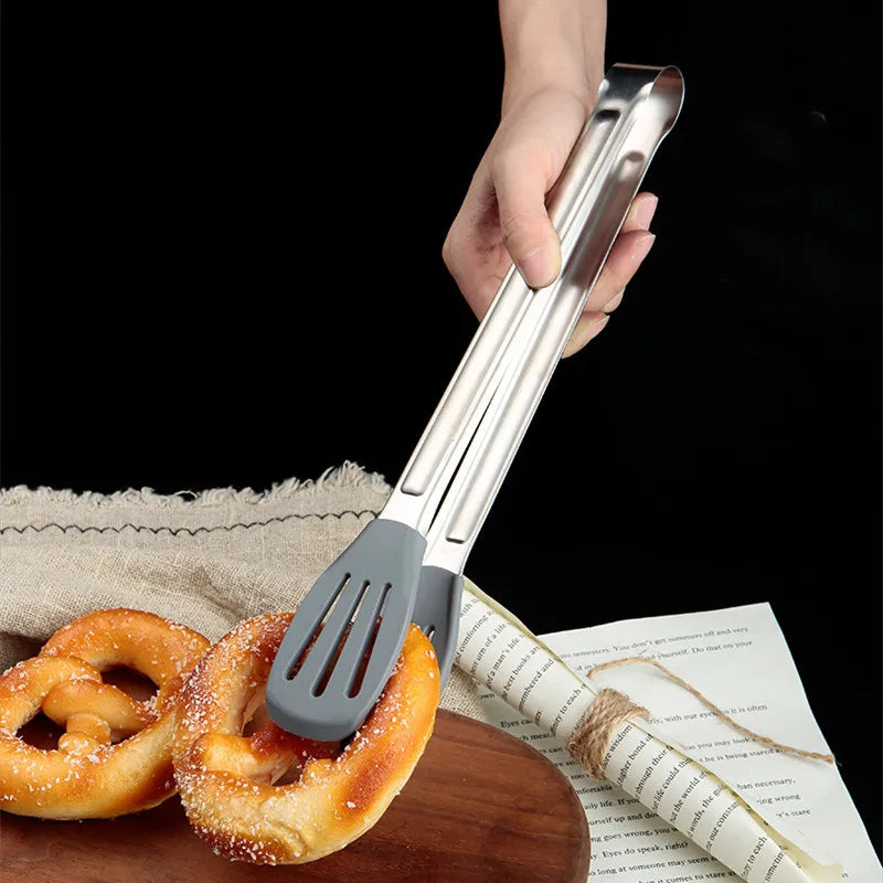 Axyaa Stainless Steel Kitchen Bread Tongs with No-Slip Handle