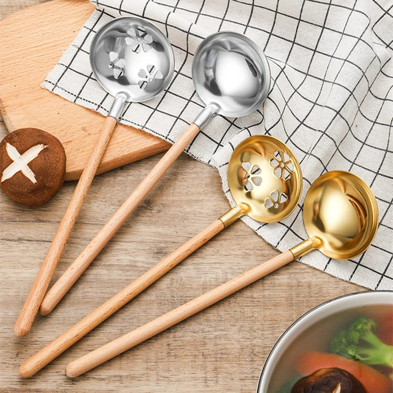 Axyaa Wooden Spoon with Stainless Steel Long Handle for Kitchen Dining Tableware