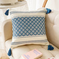 Axyaa Boho Blue Diamond Jacquard Cushion Cover with Tassels for Home Decor