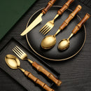 Axyaa Golden Spoon Fork Knife Set | Stainless Steel Wood Handle Tableware