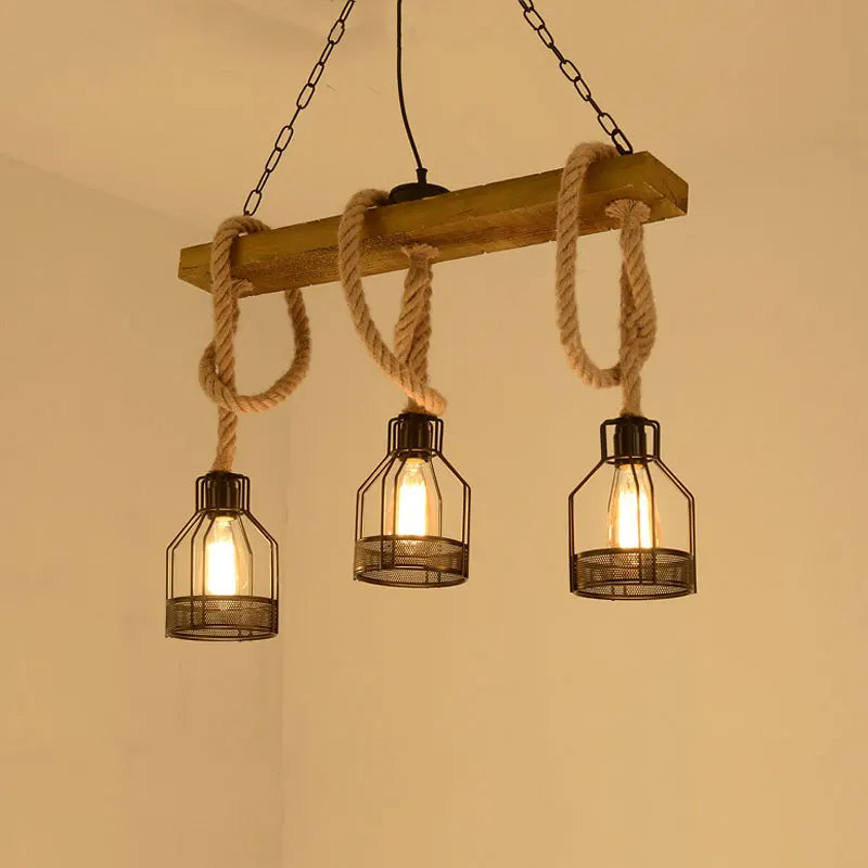 Axyaa Retro Industrial Chandelier Wood Pendant Lamp Iron Hemp Rope Hanging Lamp