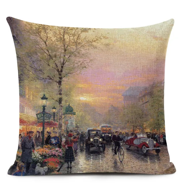 Axyaa City Landscape Oil Painting Cushion Cover | Autumn Winter Art Decor Pillow Case