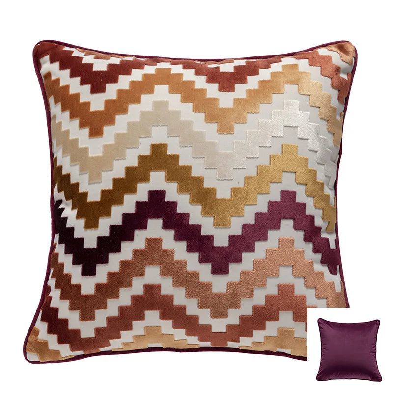 Axyaa Velvet Cushion Cover Zigzag Pattern Soft Pillow Cover in Grey Coffee Blue - 45x45cm/30x50cm/50x50cm