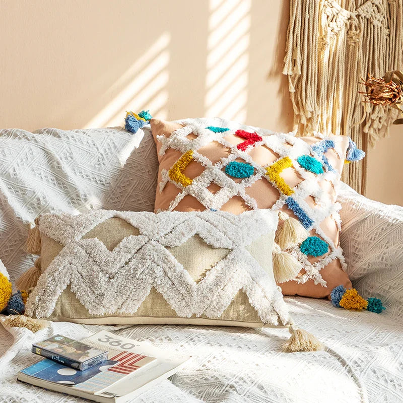 Axyaa Pink Ivory Boho Cushion Cover 45x45cm Handmade Zigzag Design